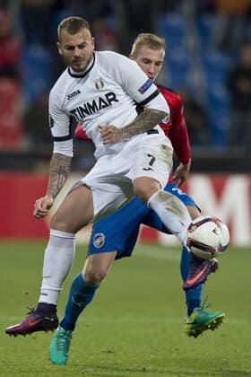 Denis Alibec of Astra, left, and Jan Baranek of Viktoria in action during the European Football League third round group E match FC Viktoria Plzen vs FC Astra Giurgiu in Pilsen, Czech Republic, October 20, 2016. (CTKxPhoto MichalxKamaryt) CTKPhotoP201610201283201  kmt 10