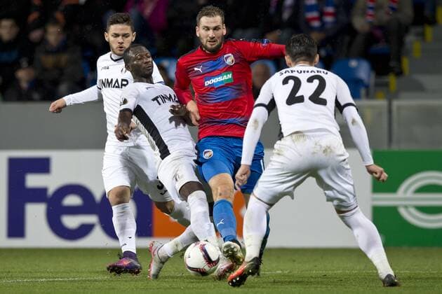 From left: Alexandru Ionita and Boubacar Mansaly of Astra, Tomas Poznar of Viktoria and Cristian Sapunaru of Astra in action during the European Football League third round group E match FC Viktoria Plzen vs FC Astra Giurgiu in Pilsen, Czech Republic, October 20, 2016. (CTKxPhoto MichalxKamaryt) CTKPhotoP201610201329001  kmt 15