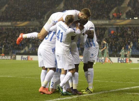 Jakub Brabec defender of KRC Genk celebrates with teammates after scoring FOOTBALL : Racing Genk vs Athletic Bilbao - Ligue Europa - 20 10 2016 Photonews Panoramic  665590041