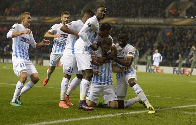 Jakub Brabec defender of KRC Genk celebrates with teammates after scoring FOOTBALL : Racing Genk vs Athletic Bilbao - Ligue Europa - 20 10 2016 Photonews Panoramic  665590041