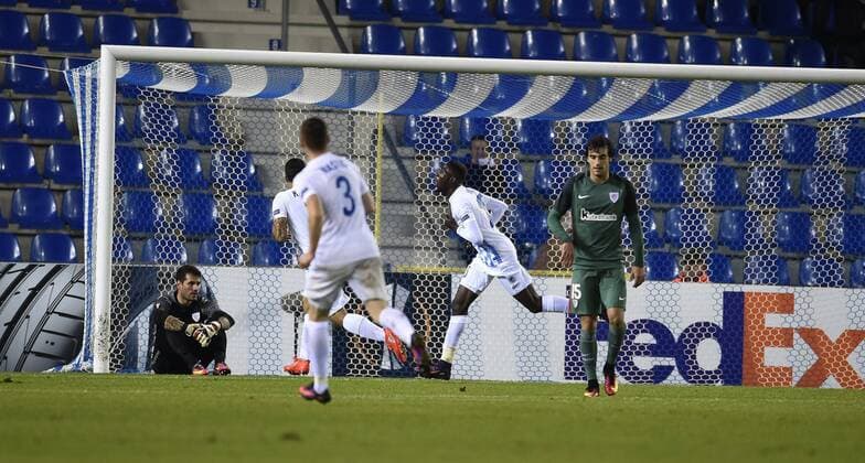 Wilfried Ndidi midfielder of KRC Genk celebrates with teammates after scoring FOOTBALL : Racing Genk vs Athletic Bilbao - Ligue Europa - 20 10 2016 Photonews Panoramic  665590041