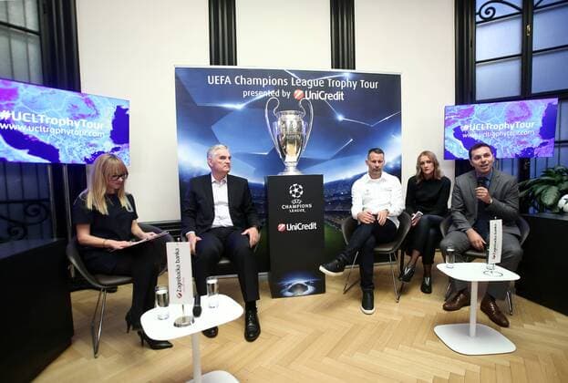Ryan Giggs, Ambassador of Unicredit group presented the most prestigious European club trophy 21.10.2016., Croatia, Zagreb - The City Savings Bank of Zagrebacka banka, as part of the UEFA Champions League Trophy Tour, held a press conference PK Pressekonferenz at which Ryan Giggs, Ambassador of Unicredit group presented the most prestigious European club trophy, the one intended for the winner of the Champions League.  SanjinxStrukic PIXSELL