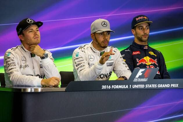 United States Grand Prix, Austin 20 - 23 October 2016 22.10.2016 - Qualifying, press conference PK Pressekonferenz Nico Rosberg (GER) Mercedes AMG F1 W07 Hybrid, Lewis Hamilton (GBR) Mercedes AMG F1 W07 Hybrid and Daniel Ricciardo (AUS) Red Bull Racing RB12 