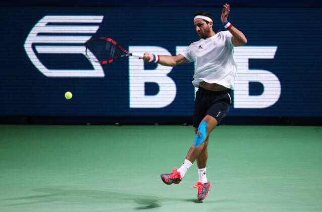 MOSCOW, RUSSIA - OCTOBER 23, 2016: Colombia s Robert Farah returns the ball in the men s doubles final match against Austria s Julian Knowle and Jurgen Melzer at the 27th VTB Kremlin Cup International Tennis Tournament at the Olympic Stadium. Stanislav Krasilnikov TASS  TS0354C4
