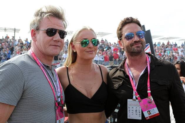 United States Grand Prix, Austin 20 - 23 October 2016 23.10.2016 - Race, (L-R) Gordon Ramsay (GBR), Celebrity Chef, Lindsey Vonn (USA) Skier and Gerard Butler, Actor 