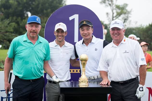 October 23, 2016 - Haikou, Hainan, China - One the first tee.L to R Tennis legend Boris Becker, footballer.Luis Javier Garcia Sanz,Tenniel Chu,Vice Chairman of Mission Hills Group and golfer Mark O Meara.Prize presentation ceremony at the Blackstone course in Mission Hills resort Haikou during the 2nd round of the 4th World celebrity Pro-am. .Blackstone course, Mission Hills resort, Haikou, Hainan Island China. Round 2 of the Mission Hills 4th World celebrity Pro-Am tournament 2016 - ZUMAr144 20161023_zap_r144_003