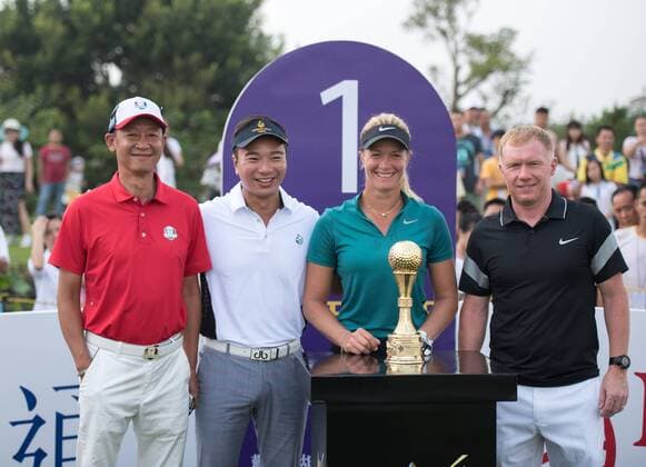 October 23, 2016 - Haikou, Hainan, China - One the first tee.L to R Chinese actor Wang Zhiwen, Tenniel Chu,Vice Chairman of Mission Hills Group, golfer Suzann Pettersen and Paul Scholes.Prize presentation ceremony at the Blackstone course in Mission Hills resort Haikou during the 2nd round of the 4th World celebrity Pro-am. .Blackstone course, Mission Hills resort, Haikou, Hainan Island China. Round 2 of the Mission Hills 4th World celebrity Pro-Am tournament 2016 - ZUMAr144 20161023_zap_r144_006