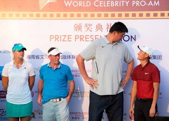 October 23, 2016 - Haikou, Hainan, China - L to R Golfer Anna Nordqvist,footballer Lee Sharpe,basketballer Yao Mingand winner Li Haotong. Prize presentation ceremony at the Blackstone course in Mission Hills resort Haikou during the 2nd round of the 4th World celebrity Pro-am. .Blackstone course, Mission Hills resort, Haikou, Hainan Island China. Round 2 of the Mission Hills 4th World celebrity Pro-Am tournament 2016 - ZUMAr144 20161023_zap_r144_057