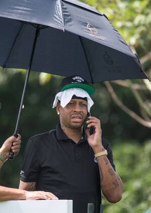 October 23, 2016 - Haikou, Hainan, China - Allen Iverson talks on the phone despite play proceeding on the tee of the 17th at Blackstone course in Mission Hills resort Haikou during the 2nd round of the 4th World celebrity Pro-am. .Blackstone course, Mission Hills resort, Haikou, Hainan Island China. Round 2 of the Mission Hills 4th World celebrity Pro-Am tournament 2016 - ZUMAr144 20161023_zap_r144_038