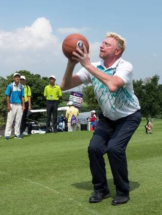 October 23, 2016 - Haikou, Hainan, China - Tennis legend Boris Becker during a basketball shoot out on the 17th tee at the Blackstone course in Mission Hills resort Haikou during the 2nd round of the 4th World celebrity Pro-am. .Blackstone course, Mission Hills resort, Haikou, Hainan Island China. Round 2 of the Mission Hills 4th World celebrity Pro-Am tournament 2016 - ZUMAr144 20161023_zap_r144_045