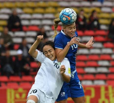 (161024) -- CHONGQING, Oct. 24, 2016 -- Dagny Brynjarsdottir (R) of Iceland competes with Kamola Riskieva of Uzbekistan during a match of Sincere International Women s Football Tournament Yongchuan 2016 in Chongqing, southwest China, Oct. 24, 2016. Iceland won 1-0. ) (SP)CHINA-CHONGQING-SOCCER-SINCERE YONGCHUAN 2016 ChenxCheng 