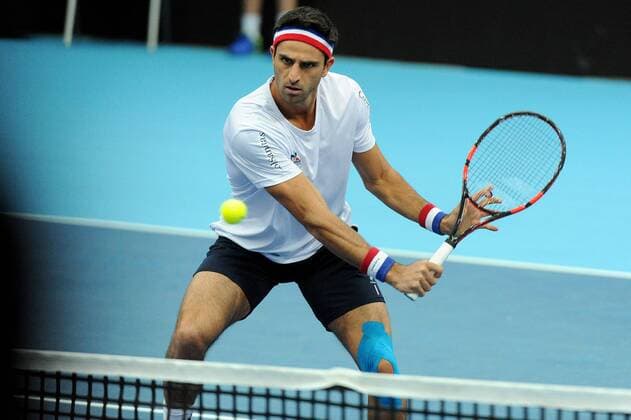 25.10.2016. St. Jakobshalle, Basel, Switzerland. Basel Swiss Indoors Tennis Championships. Day 2. Robert Farah in action in the match with Jack Sock of the United States of America and Marcel Granollers of Spain against Juan Sebastian Cabal of Colombia and Robert Farah of Colombia xDavidxEmmx  ActionPlus11804540