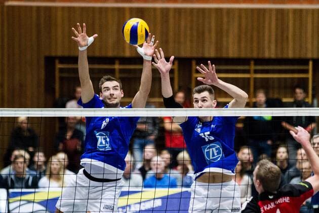 Block Doppelblock Georg Klein (8 VfB) und Armin Mustedanovic (15 VfB); DVV-Pokal Achtelfinale: SSC Karlsruhe vs VfB Friedrichshafen, Albgauhalle, Karlsruhe-Ettlingen Germany, 20161026; Karlsruhe-Ettlingen Copyright: xWuechnerx xEibner-Pressefotox EP_nwr