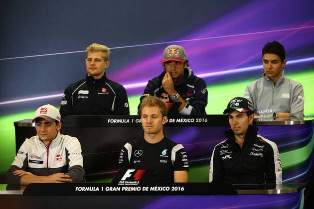Mexican Grand Prix, Mexico City 27 - 30 October 2016 27.10.2016 - From row back, Marcus Ericsson (SUE) Sauber C34, Carlos Sainz Jr (ESP) Scuderia Toro Rosso STR11, Esteban Ocon (FRA) Manor Racing MRT05 , Esteban Gutierrez (MEX) Haas F1 Team VF-16 Nico Rosberg (GER) Mercedes AMG F1 W07 Hybrid and Sergio Perez (MEX) Sahara Force India F1 VJM09 