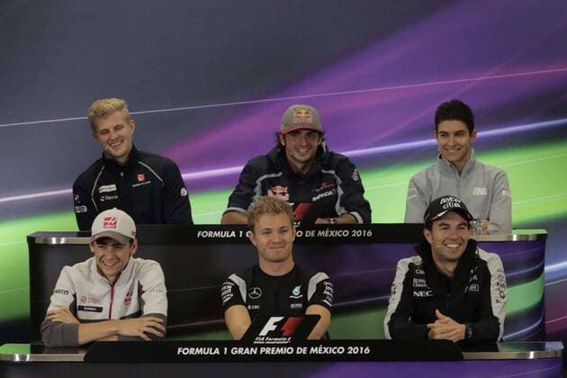 October 27, 2016 - Mexico - EUM20161027DEP11.JPG.CIUDAD DE MEXICO MotoringAutomovilismo-F1.- Marcus Ericsson, escuderia Sauber; Carlos Sainz Jr., escuderia Toro Rosso; Esteban Ocon, escuderia Manor (arriba); Esteban Gutierrez, escuderia Haas; Nico Rosberg, escuderia Mercedes; y Sergio Perez, escuderia Force India, (abajo) durante la conferencia con medios, 27 de octubre de 2016, en el marco de la celebracion del Gran Premio de Mexico 2016 de la Formula 1. Foto: Agencia EL UNIVERSALAlejandro AcostaJMA Latin News - October 27, 2016 - ZUMAu78_ 20161027_zaf_u78_027