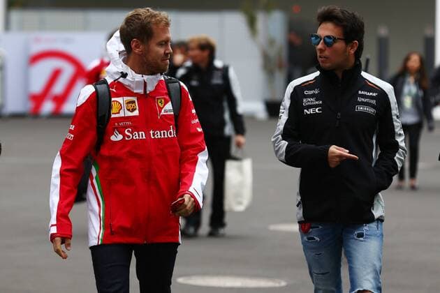 Mexican Grand Prix, Mexico City 27 - 30 October 2016 28.10.2016 - Sebastian Vettel (GER) Scuderia Ferrari SF16-H and Sergio Perez (MEX) Sahara Force India F1 VJM09 