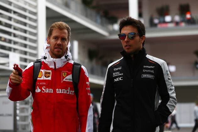 Mexican Grand Prix, Mexico City 27 - 30 October 2016 28.10.2016 - Sebastian Vettel (GER) Scuderia Ferrari SF16-H and Sergio Perez (MEX) Sahara Force India F1 VJM09 