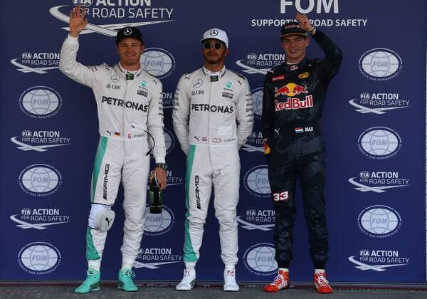Mexican Grand Prix, Mexico City 27 - 30 October 2016 29.10.2016 - Qualifying, 2nd position Nico Rosberg (GER) Mercedes AMG F1 W07 Hybrid, Lewis Hamilton (GBR) Mercedes AMG F1 W07 Hybrid pole position and 3rd position Max Verstappen (NED) Red Bull Racing RB12 
