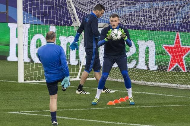 Rostov s Ivan Komissarov and Soslan Dzhanayev during the oficial training before the match of UEFA Champions League between Atletico de Madrid and FC Rostov, at Vicente Calderon Stadium, Madrid, Spain. October 31, 2016.  (20161031008)