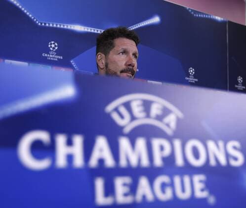 Simeone attends press conference PK Pressekonferenz before the Champions League match against Rostov. xÃngelxRiverox 