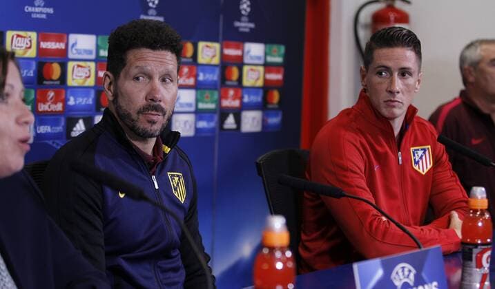 Simeone and Fernando Torres attend press conference PK Pressekonferenz before the Champions League match against Rostov. xÃngelxRiverox 