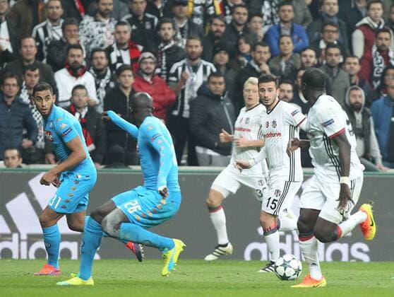 UEFA Champions League Group B match between Besiktas and Napoli at Vodafone Arena in Istanbul , Turkey ,November 01 , 2016. Final Score : Besiktas 1 - Napoli 1 Pictured : Oguzhan Ozyakup 15 of Besiktas and Faouci Ghoulam 31 , Kalidou Koulibaly 26 of Napoli. 