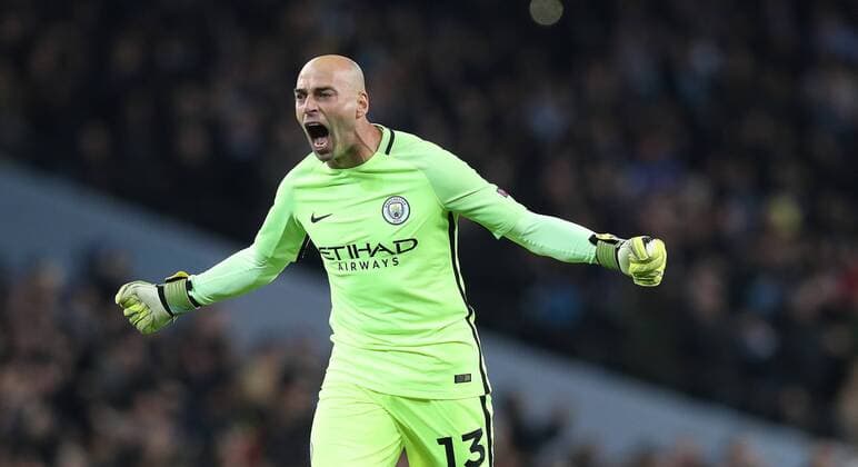 Football - 2016 2017 UEFA Champions League - Group C: Manchester City vs. Barcelona Willy Caballero of Manchester City celebrates afterKevin De Bruyne of Manchester City scores during the match at The Etihad Stadium. COLORSPORT LYNNE CAMERON 