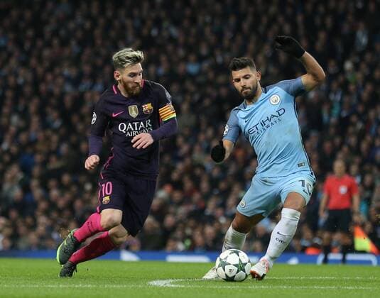 Lionel Messi of Barcelona and Sergio Aguero of Manchester City during the Champions League Group C match at the Etihad Stadium, Manchester. Picture date: November 1st, 2016. Pic Simon Bellis Sportimage EDITORIAL USE ONLY. No use with unauthorised audio, video, data, fixture lists, club league logos or live services. Online in-match use limited to 120 images, no video emulation. No use in betting, games or single club league player publications.