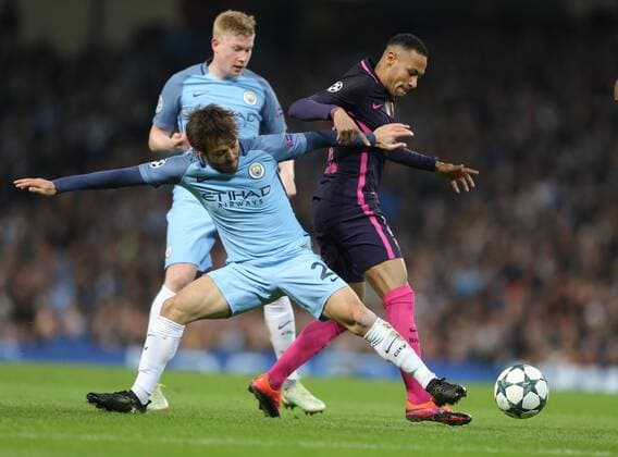 David Silva of Manchester City tackles Neymar of Barcelona during the Champions League Group C match at the Etihad Stadium, Manchester. Picture date: November 1st, 2016. Pic Simon Bellis Sportimage EDITORIAL USE ONLY. No use with unauthorised audio, video, data, fixture lists, club league logos or live services. Online in-match use limited to 120 images, no video emulation. No use in betting, games or single club league player publications.