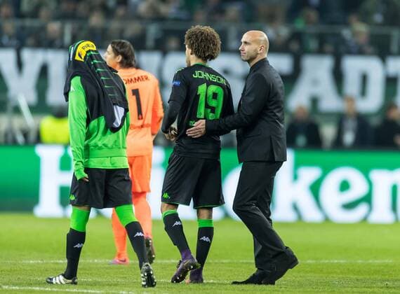 Moenchengladbach, Germany 01.11.2016, UEFA Champions League - 2016 17 Season, Group C - Matchday 4, Borussia Moenchengladbach - Celtic Glasgow, enttaeuscht, enttaeuschung, Mahmoud Dahoud (BMG) Fabian Johnson (BMG) Cheftrainer Andre Schubert (BMG) ( DeFodi048