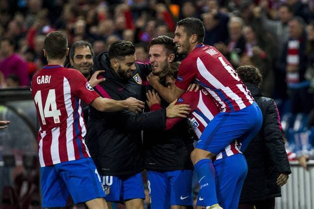 Atletico de Madrid s Antoine Griezmann Saul Iniguez Gabi Fernandez Koke Resurrecccion during the match of UEFA Champions League between Atletico de Madrid and FC Rostov, at Vicente Calderon Stadium, Madrid, Spain. November 01, 2016.  (20161101036)