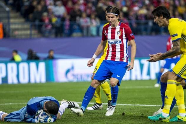 FC Rostov s Soslan Dzhanaev Atletico de Madrid s Filipe Luis during the match of UEFA Champions League between Atletico de Madrid and FC Rostov, at Vicente Calderon Stadium, Madrid, Spain. November 01, 2016.  (20161101008)