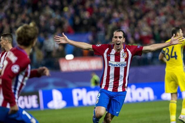Atletico de Madrid s Antoine Griezmann Diego Godin during the match of UEFA Champions League between Atletico de Madrid and FC Rostov, at Vicente Calderon Stadium, Madrid, Spain. November 01, 2016.  (20161101030)