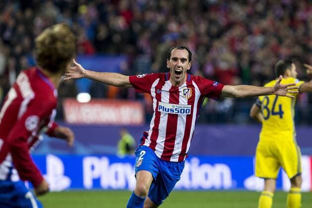 Atletico de Madrid s Antoine Griezmann Diego Godin during the match of UEFA Champions League between Atletico de Madrid and FC Rostov, at Vicente Calderon Stadium, Madrid, Spain. November 01, 2016.  (20161101031)