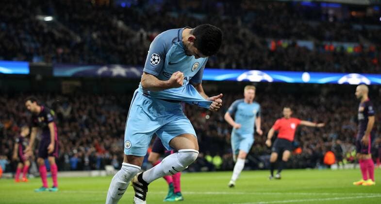 Football - 2016 2017 UEFA Champions League - Group C: Manchester City vs. Barcelona Ilkay Gundogan of Manchester City celebrates scoring his first goal during the match at The Etihad Stadium. COLORSPORT LYNNE CAMERON 