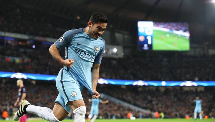 Football - 2016 2017 UEFA Champions League - Group C: Manchester City vs. Barcelona Ilkay Gundogan of Manchester City celebrates scoring his first goal during the match at The Etihad Stadium. COLORSPORT LYNNE CAMERON 