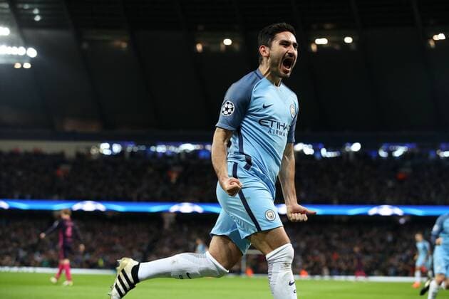 Football - 2016 2017 UEFA Champions League - Group C: Manchester City vs. Barcelona Ilkay Gundogan of Manchester City celebrates scoring his first goal during the match at The Etihad Stadium. COLORSPORT LYNNE CAMERON 