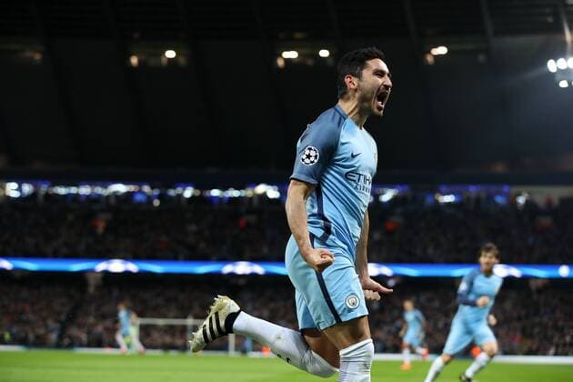 Football - 2016 2017 UEFA Champions League - Group C: Manchester City vs. Barcelona Ilkay Gundogan of Manchester City celebrates scoring his first goal during the match at The Etihad Stadium. COLORSPORT LYNNE CAMERON 