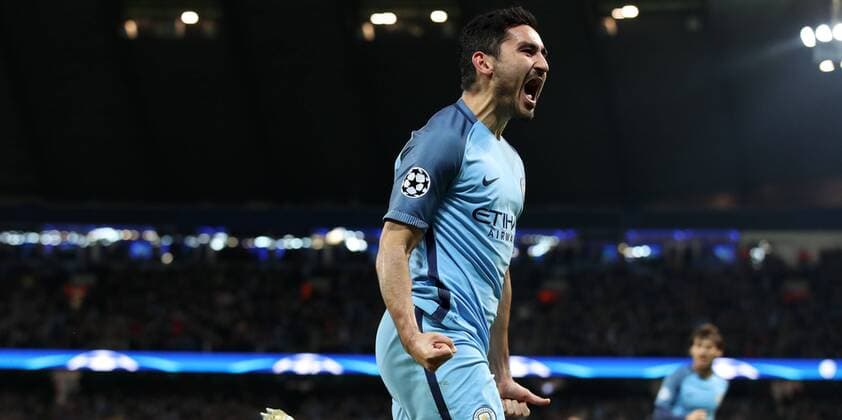 Football - 2016 2017 UEFA Champions League - Group C: Manchester City vs. Barcelona Ilkay Gundogan of Manchester City celebrates scoring his first goal during the match at The Etihad Stadium. COLORSPORT LYNNE CAMERON 