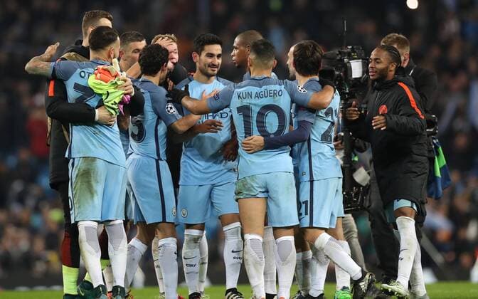Football - 2016 2017 UEFA Champions League - Group C: Manchester City vs. Barcelona Manchester City players surround Ilkay Gundogan of Manchester City after the match at The Etihad Stadium. COLORSPORT LYNNE CAMERON 