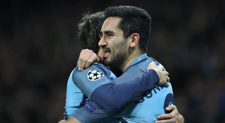 Football - 2016 2017 UEFA Champions League - Group C: Manchester City vs. Barcelona Ilkay Gundogan of Manchester City celebrates scoring his first goal during the match at The Etihad Stadium. COLORSPORT LYNNE CAMERON 