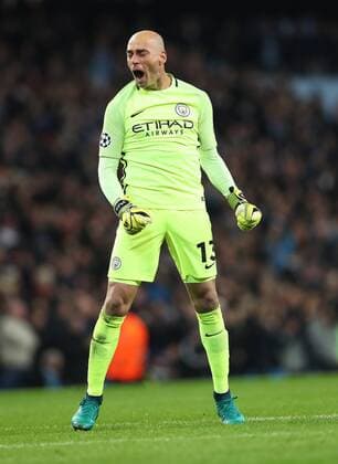 Football - 2016 2017 UEFA Champions League - Group C: Manchester City vs. Barcelona Willy Caballero of Manchester City celebrates after Ilkay Gundogan of Manchester City scores his second goal during the match at The Etihad Stadium. COLORSPORT LYNNE CAMERON 
