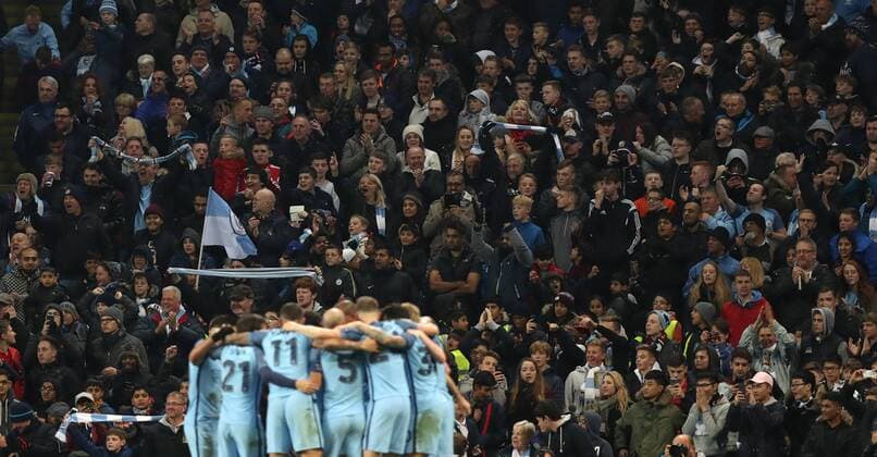 Football - 2016 2017 UEFA Champions League - Group C: Manchester City vs. Barcelona Ilkay Gundogan of Manchester City celebrates scoring his second goal during the match at The Etihad Stadium. COLORSPORT LYNNE CAMERON 