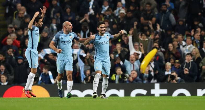 Football - 2016 2017 UEFA Champions League - Group C: Manchester City vs. Barcelona Ilkay Gundogan of Manchester City celebrates scoring his second goal during the match at The Etihad Stadium. COLORSPORT LYNNE CAMERON 