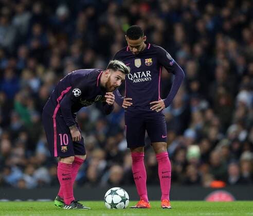 Lionel Messi of Barcelona with Neymar of Barcelona during the Champions League Group C match at the Etihad Stadium, Manchester. Picture date: November 1st, 2016. Pic Simon Bellis Sportimage EDITORIAL USE ONLY. No use with unauthorised audio, video, data, fixture lists, club league logos or live services. Online in-match use limited to 120 images, no video emulation. No use in betting, games or single club league player publications.
