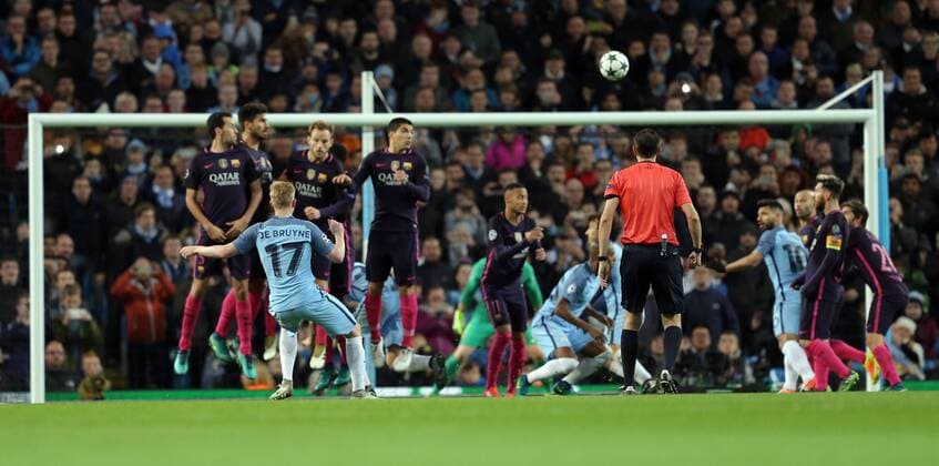 Kevin De Bruyne of Manchester City scores during the Champions League Group C match at the Etihad Stadium, Manchester. Picture date: November 1st, 2016. Pic Simon Bellis Sportimage EDITORIAL USE ONLY. No use with unauthorised audio, video, data, fixture lists, club league logos or live services. Online in-match use limited to 120 images, no video emulation. No use in betting, games or single club league player publications.