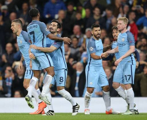 Ilkay Gundogan of Manchester City celebrates his goal with Raheem Sterling of Manchester City during the Champions League Group C match at the Etihad Stadium, Manchester. Picture date: November 1st, 2016. Pic Simon Bellis Sportimage EDITORIAL USE ONLY. No use with unauthorised audio, video, data, fixture lists, club league logos or live services. Online in-match use limited to 120 images, no video emulation. No use in betting, games or single club league player publications.