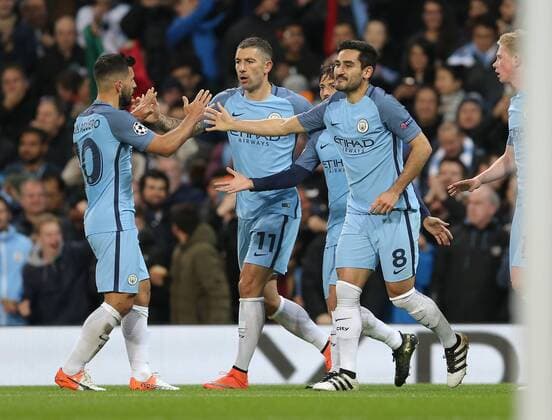 Ilkay Gundogan of Manchester City celebrates his first goal during the Champions League Group C match at the Etihad Stadium, Manchester. Picture date: November 1st, 2016. Pic Simon Bellis Sportimage EDITORIAL USE ONLY. No use with unauthorised audio, video, data, fixture lists, club league logos or live services. Online in-match use limited to 120 images, no video emulation. No use in betting, games or single club league player publications.