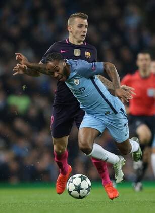 Lucas Digne of Barcelona brings down Raheem Sterling of Manchester City during the Champions League Group C match at the Etihad Stadium, Manchester. Picture date: November 1st, 2016. Pic Simon Bellis Sportimage EDITORIAL USE ONLY. No use with unauthorised audio, video, data, fixture lists, club league logos or live services. Online in-match use limited to 120 images, no video emulation. No use in betting, games or single club league player publications.