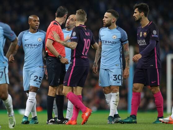 Pablo Zabaleta of Manchester City disagrees with the referee during the Champions League Group C match at the Etihad Stadium, Manchester. Picture date: November 1st, 2016. Pic Simon Bellis Sportimage EDITORIAL USE ONLY. No use with unauthorised audio, video, data, fixture lists, club league logos or live services. Online in-match use limited to 120 images, no video emulation. No use in betting, games or single club league player publications.